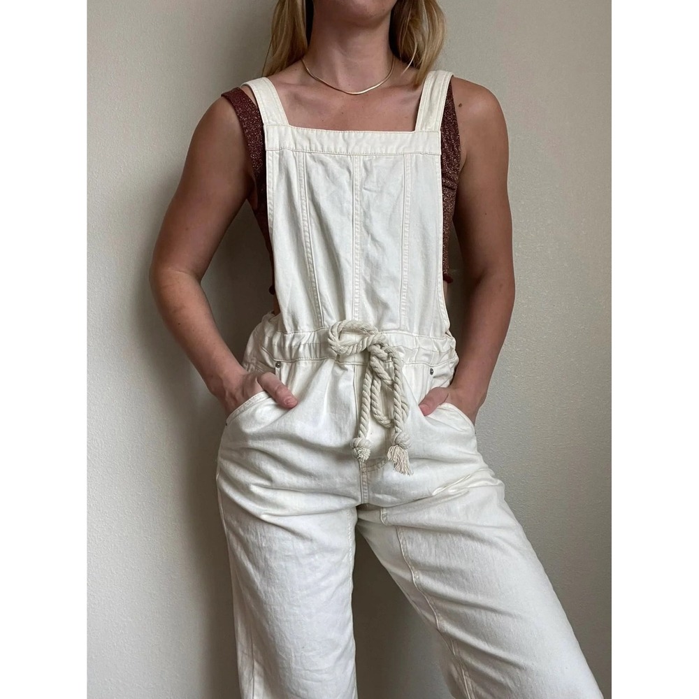 We The Free Free People Cream Cotton Linen Rope Tie Overalls Jumpsuit Medium